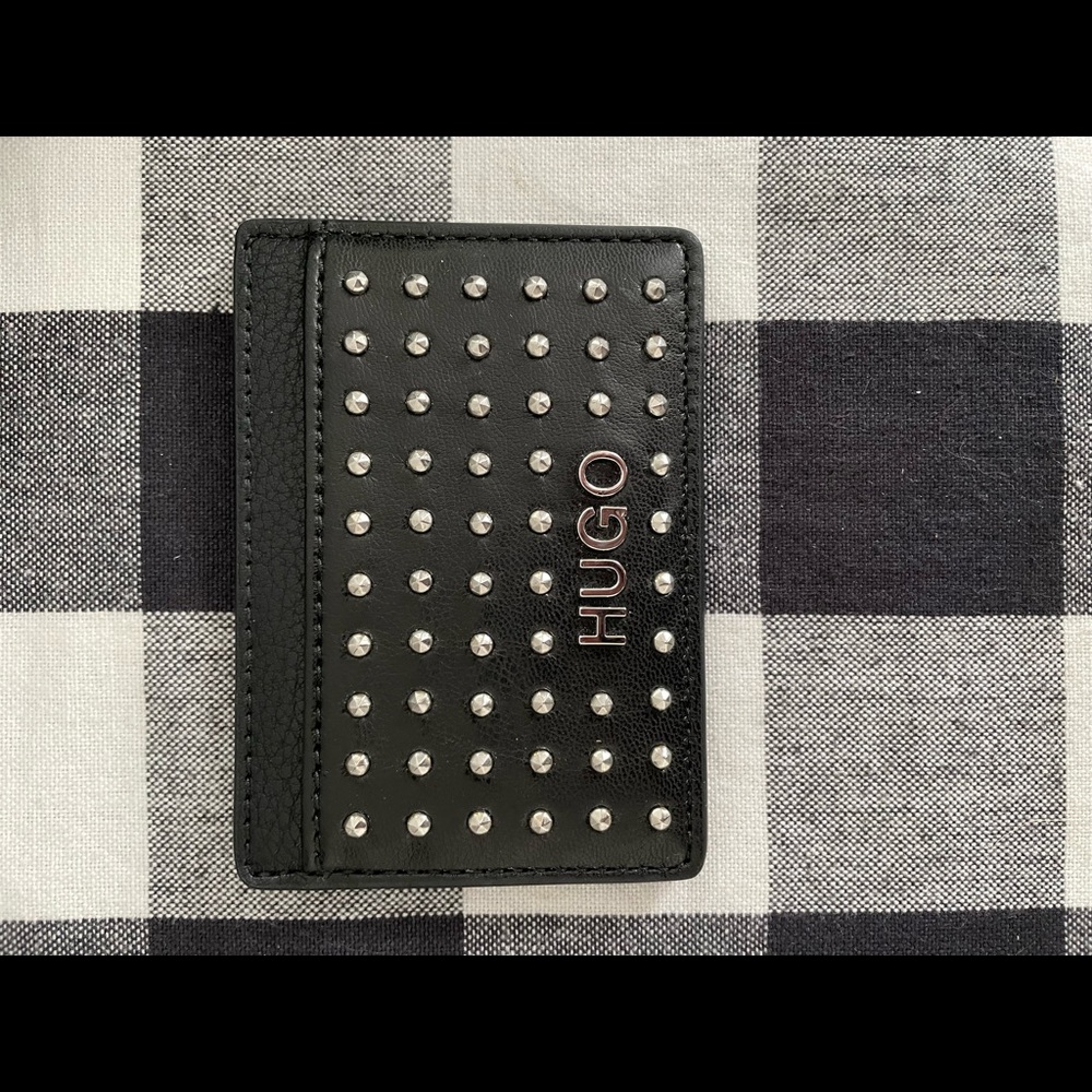 Hugo Boss Card Holder Black Leather Studded, unisex